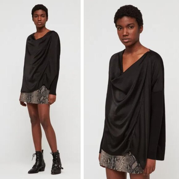 All Saints Erma Cowl Neck Jumper Sweater Black Mixed Media Lagenlook Convertible - Picture 1 of 11